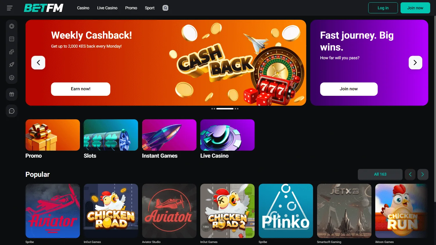 BetFM Casino homepage with the welcome bonus offer